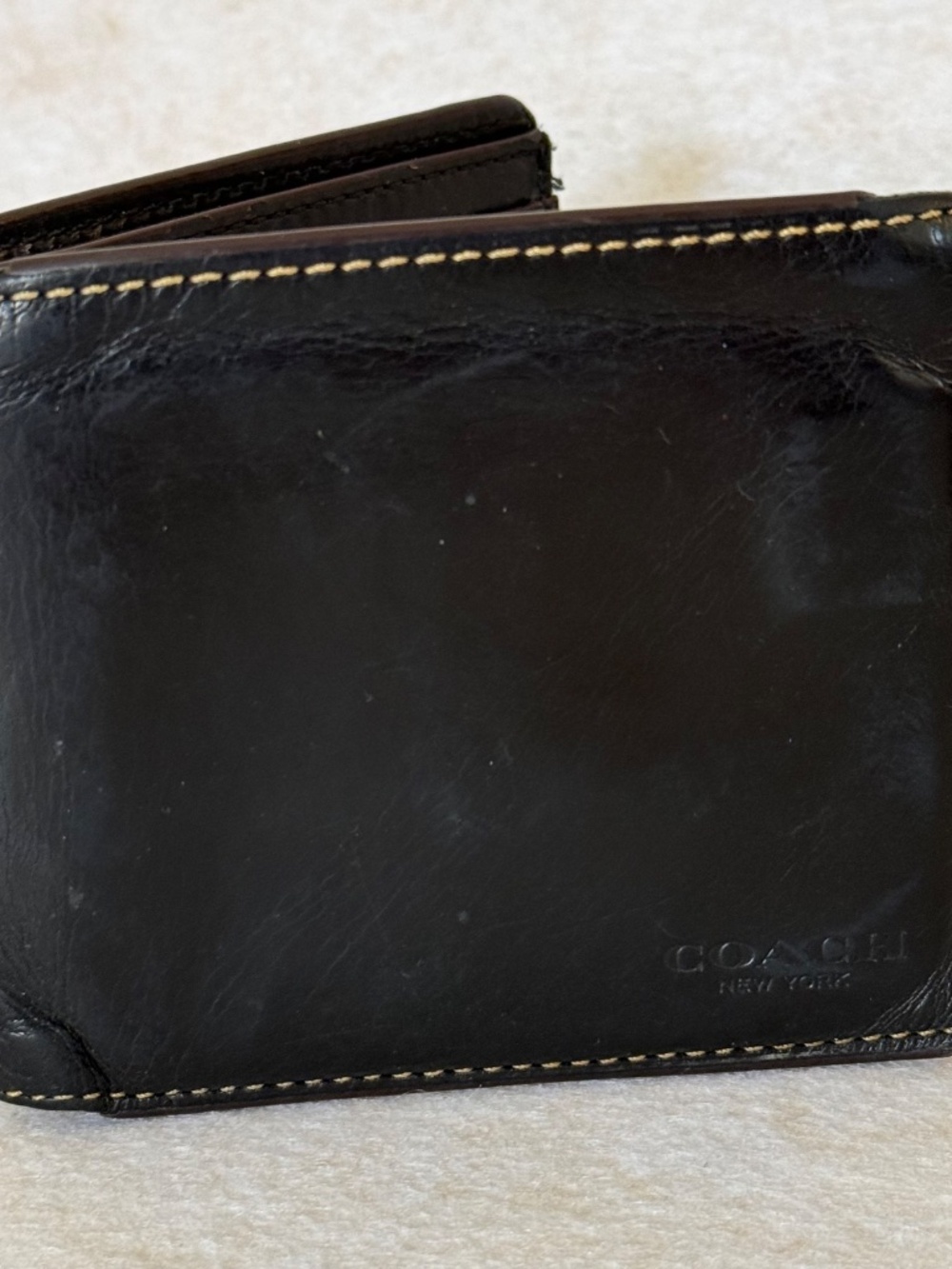 COACH Double Billfold Polished Water Buffalo Wallet in Black and Contrast Stitch